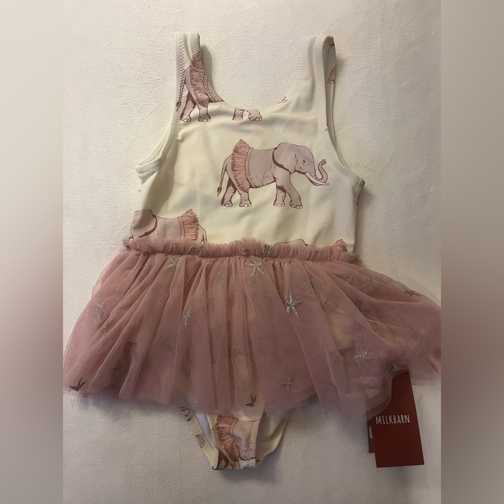 Mikbarn Elephant Print Baby Bodysuit with Pink Ballet Swimsuit 18-24m